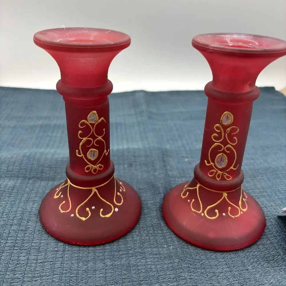 Two Vintage Gaomi Hand-Painted Pink Cranberry Glass Taper Candle Stick Holders